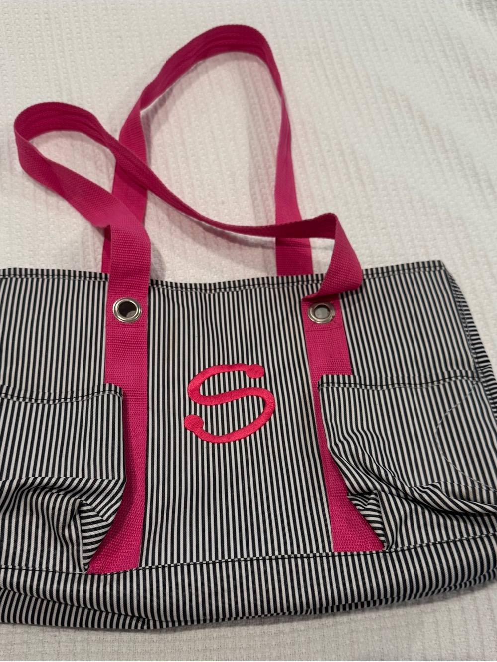 Striped THIRTY ONE BRAND Canvas Tote with Pink Handles and Monogram S